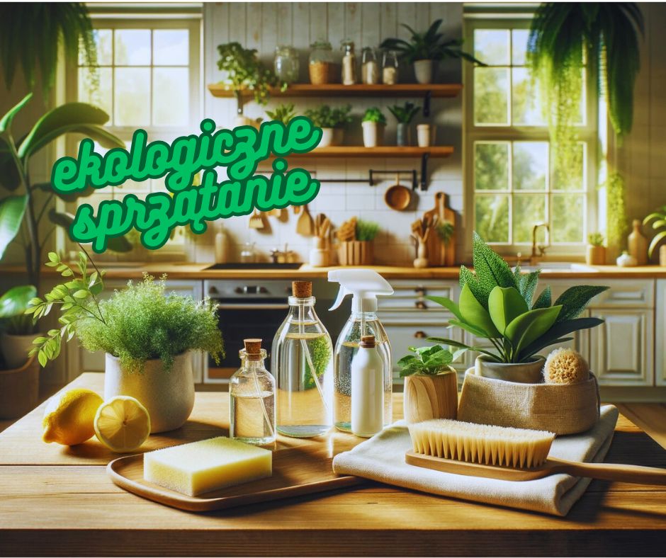 Stół z ekologicznymi środkami do sprzątania i naturalnymi roślinami znajdujący się w kuchni