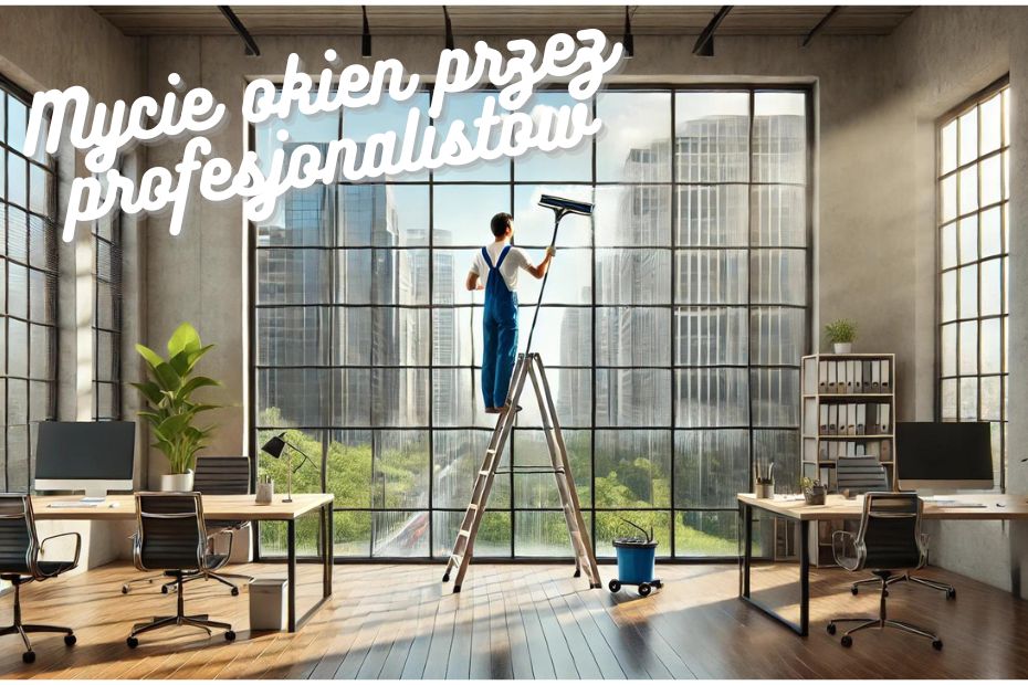 Mężczyzna stojący na drabinie z mopem do mycia okien nadający się do dużych powierzchni biurowych